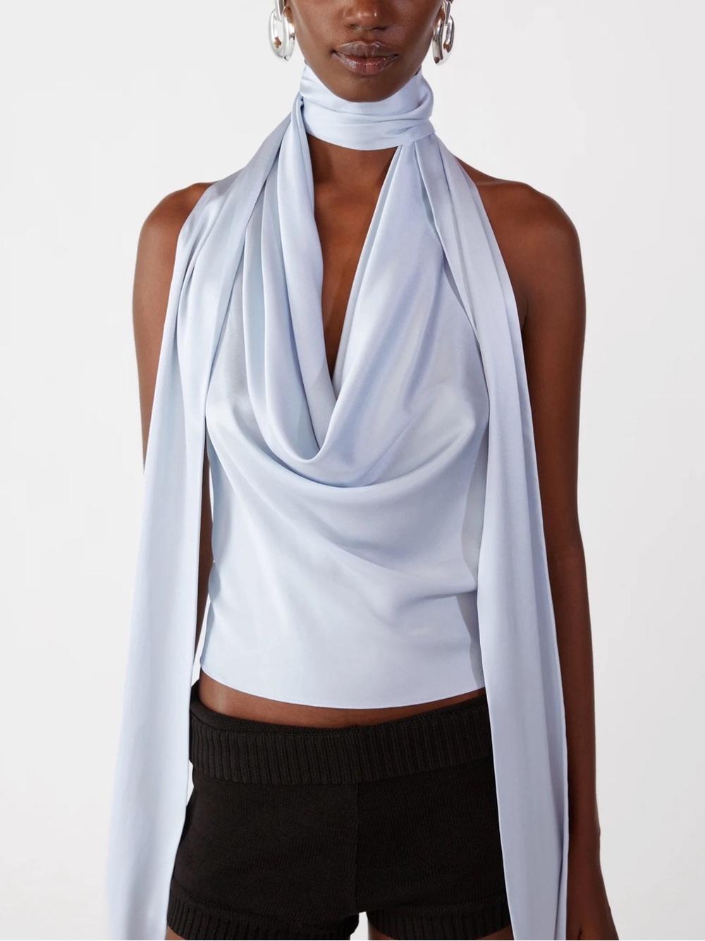 Orseund Iris Light Blue Draped Halter Scarf Tank